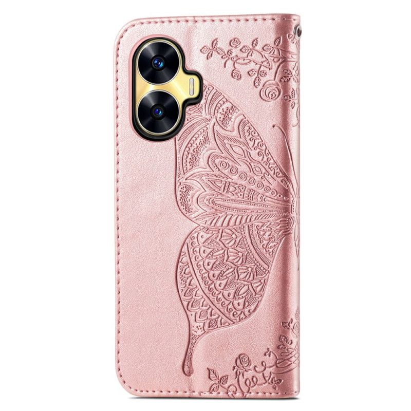 Lærdeksel Folio Deksel Realme C55 Mobildeksel Barokk Sommerfuglrem