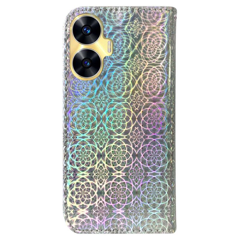 Lærdeksel Folio Deksel Realme C55 Mobildeksel Lommebok Med Stropp I Diskotekstil