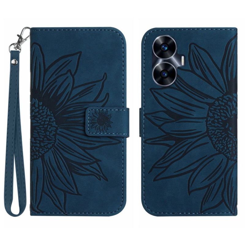 Lærdeksel Folio Deksel Realme C55 Mobildeksel Solsikketrykkrem