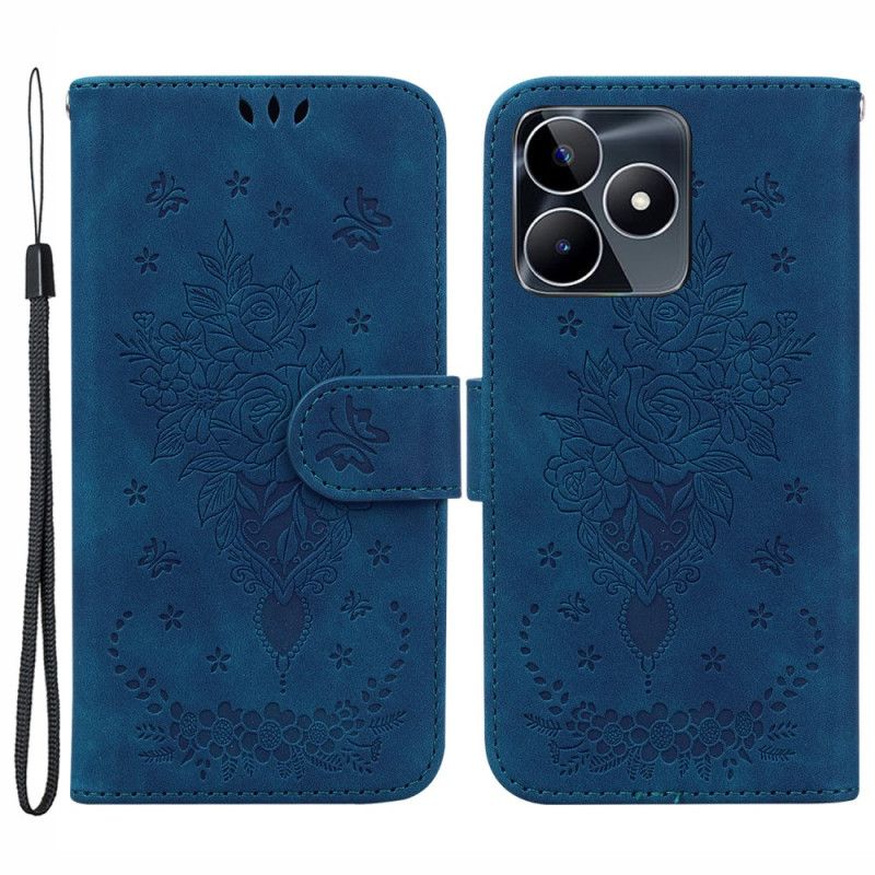 Folio Deksel Til Realme C53 Rose- Og Sommerfuglmønster