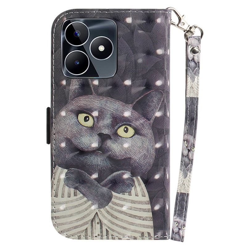 Lærdeksel Folio Deksel Realme C53 Grå Kattholder Med Snor