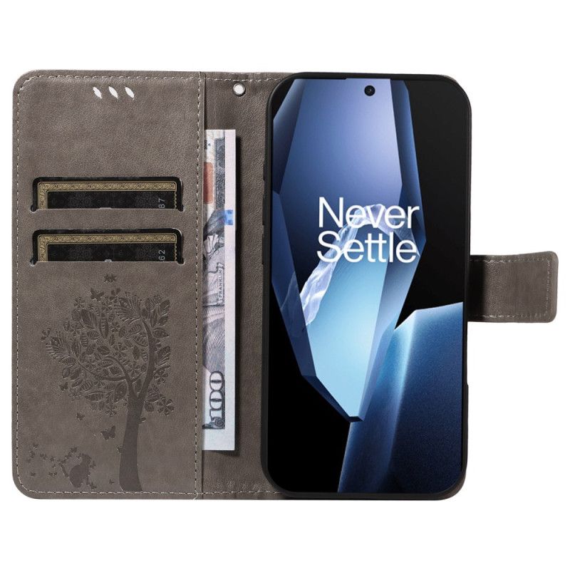 Lærdeksel Folio Deksel Oneplus 13r Mobildeksel Tre Og Katt