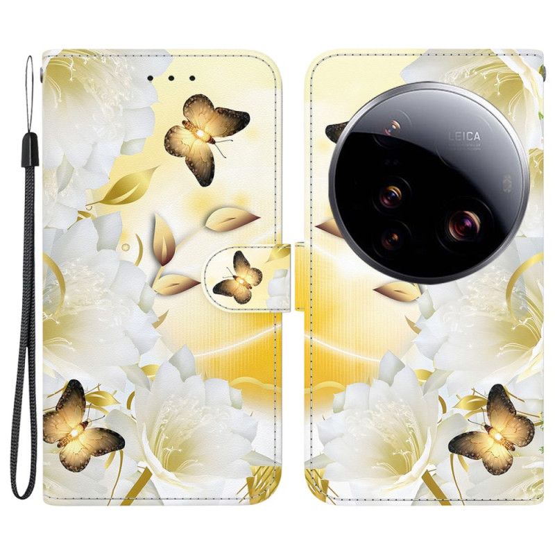 Folio Deksel Xiaomi 15 Ultra Gyldne Sommerfugler Og Hvite Blomster
