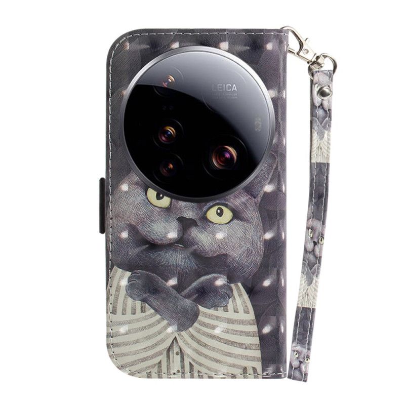 Lærdeksel Folio Deksel Xiaomi 15 Ultra Mobildeksel Grå Katt Med Snor