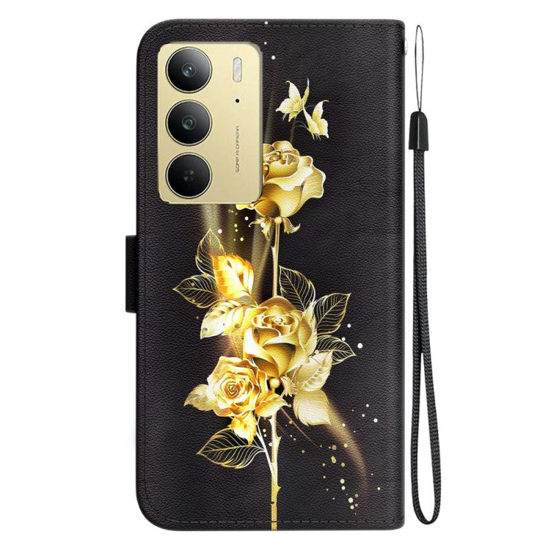 Folio Deksel Realme C75 Gull Og Rosa Sommerfugler