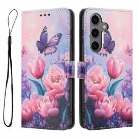 Folio Deksel Til Samsung Galaxy S26 Sommerfugl Og Rosa Blomster