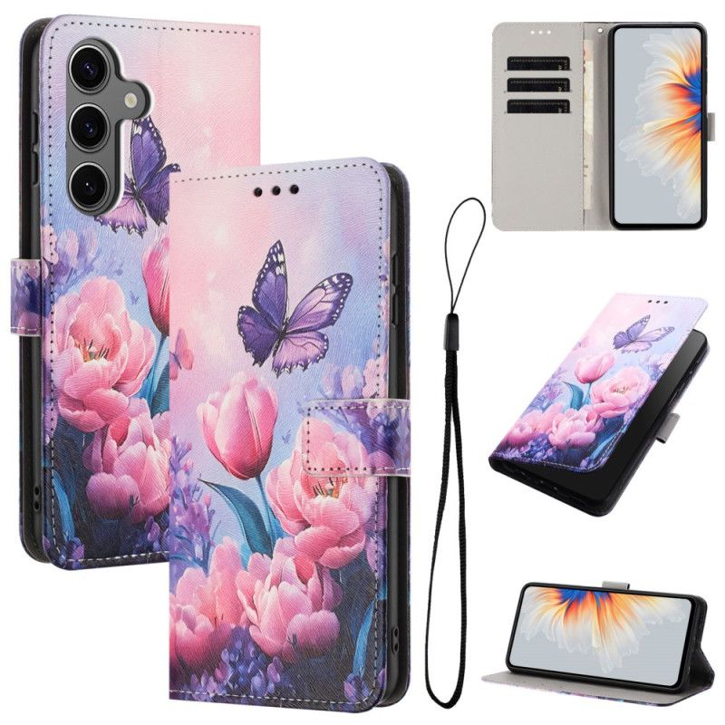 Folio Deksel Til Samsung Galaxy S26 Sommerfugl Og Rosa Blomster