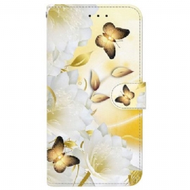 Lærdeksel Folio Deksel Samsung Galaxy S26 Gull Sommerfugler Og Blomster