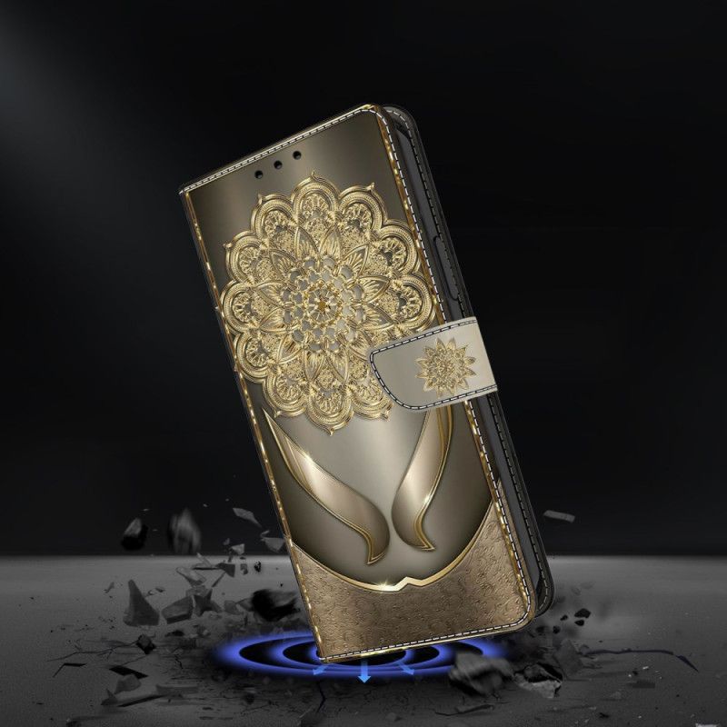 Lærdeksel Folio Deksel Google Pixel 10 / 10 Pro Mobildeksel Skinnende Gullblomster