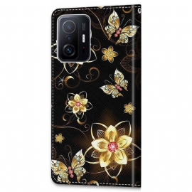 Lærdeksel Til Xiaomi 11T / 11T Pro Sommerfugler Og Gylne Blomster