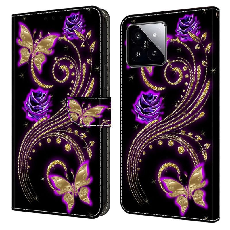 Folio Deksel Til Xiaomi 14 Lilla Blomster Og Sommerfugler