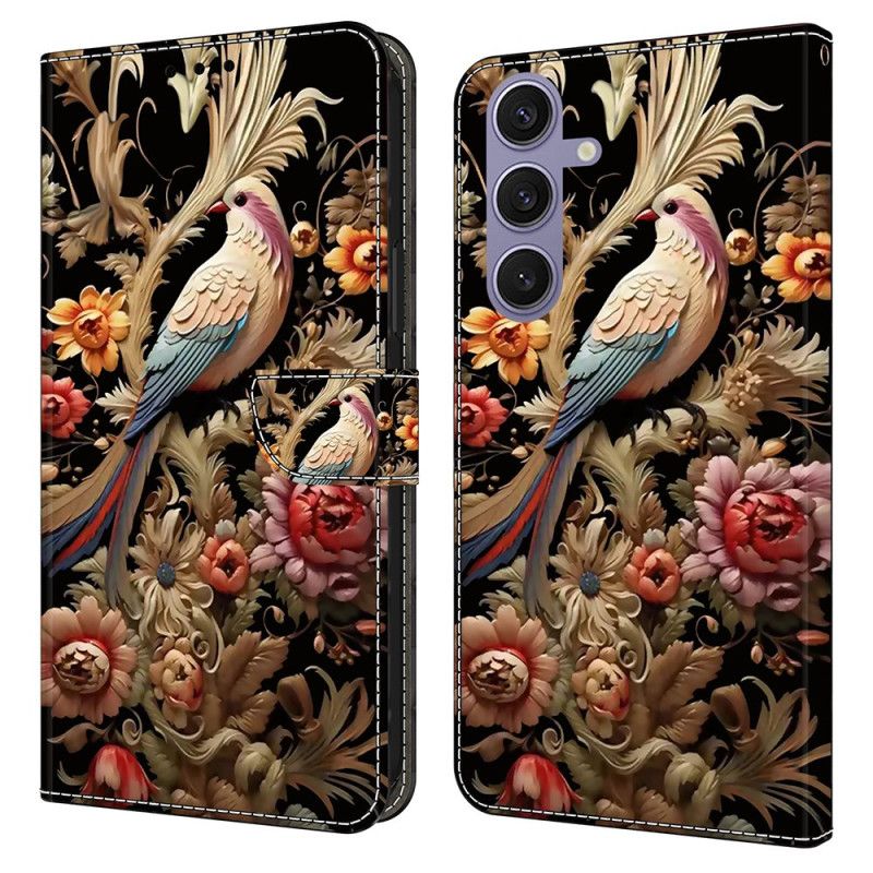 Lærdeksel Folio Deksel Samsung Galaxy S25 Plus 5g Mobildeksel Blomster Og Fugler