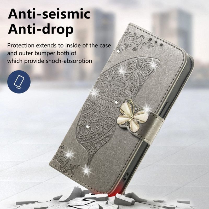 Folio Deksel Xiaomi 17 3d-sommerfugl Og Strass