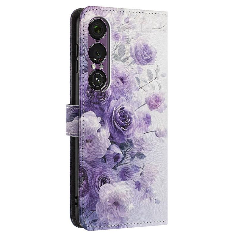 Lærdeksel Folio Deksel Sony Xperia 1 Vii Mobildeksel Lilla Roser