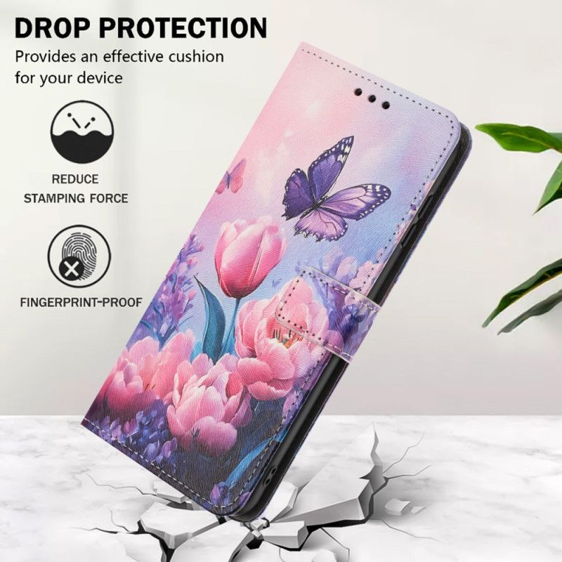 Folio Deksel Til Realme 14 5g Rosa Blomster Og Sommerfugler