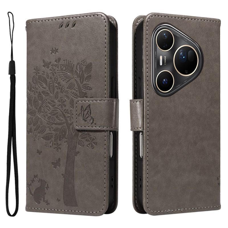 Lærdeksel Folio Deksel Huawei Pura 80 Ultra Mobildeksel Katt Og Tre