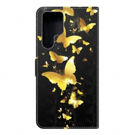 Folio Deksel Til Samsung Galaxy S22 Ultra 5G Gylne Sommerfugler Illustrasjon