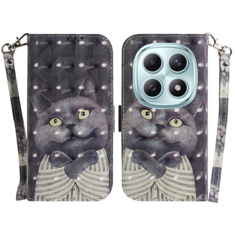 Lærdeksel Folio Deksel Xiaomi Redmi Note 15 5g Mobildeksel Grå Katt Med Snor