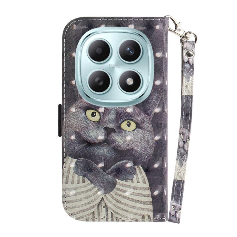 Lærdeksel Folio Deksel Xiaomi Redmi Note 15 5g Mobildeksel Grå Katt Med Snor