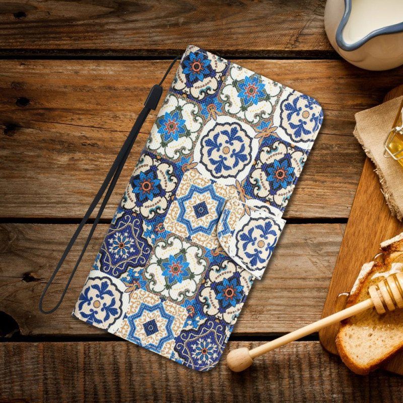 Folio Deksel Til iPhone 15 Med Kjede Blått Patchwork Med Stropp