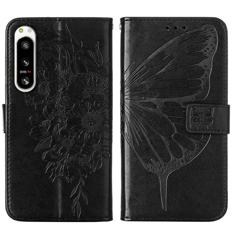 Folio Deksel Til Sony Xperia 5 IV Med Kjede Barokk Strappy Sommerfugl