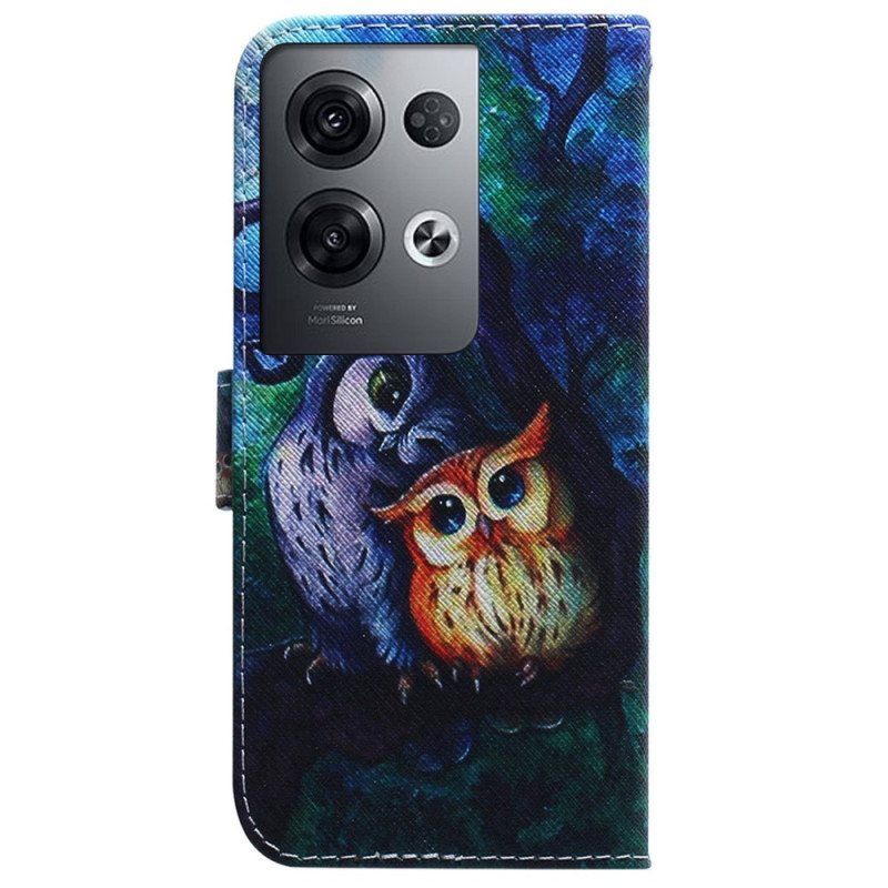 Lærdeksel Til Oppo Reno 8 Pro Med Kjede Strappy Owls Maleri